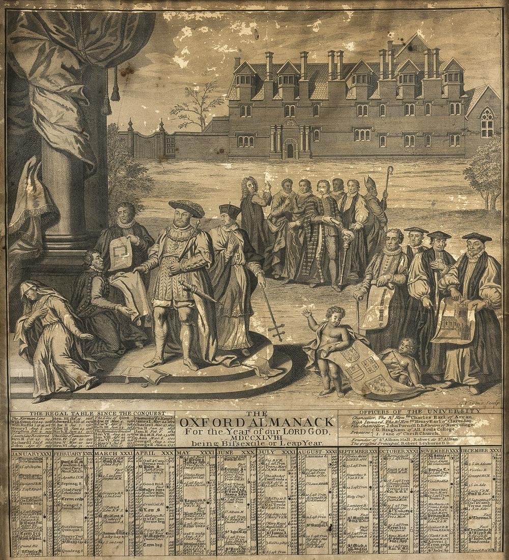 Oxford.- Vertue (George, artist) The Oxford Almanack: NO RESERVE Oxford.- Vertue (George, artist) The Oxford Almanack For the Year of our Lord God MDCCXLVIII being Bissextile or Leap Year, surface abrasion marks, one or two small holes, scattered rust ma