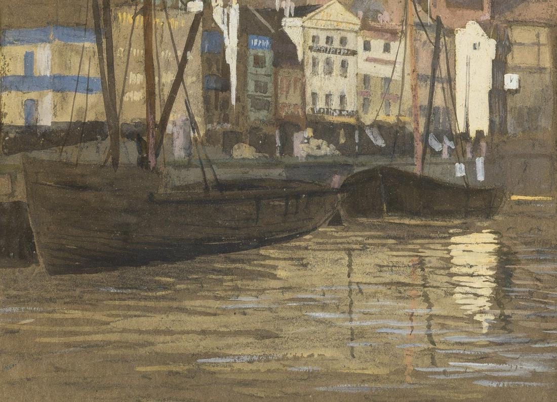 Sickert (Walter), Follower of. The Harbour, Dieppe,: NO RESERVE Sickert (Walter), Follower of. The Harbour, Dieppe, watercolour heightened with white on buff wove paper, inscribed verso 'Sickert/ Dieppe', 185 x 250 mm (7 1/4 x 9 3/4 in), under glass, fr
