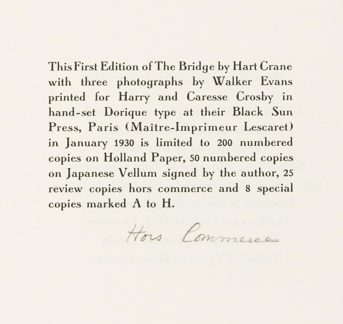 Crane (Hart) The Bridge. A Poem, first edition, one of: Crane (Hart) The Bridge. A Poem, first edition, one of 25 review hors commerce copies from an edition limited to 283, printed in red and black, 3 fine photogravures by Walker Evans, original printed w