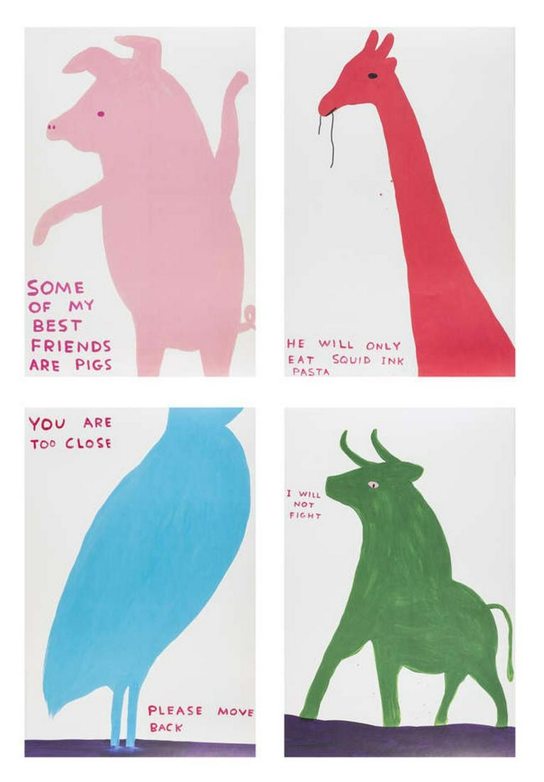 δ David Shrigley (b.1968) Four Posters: δ David Shrigley (b.1968)Four PostersFour offset lithographs printed in colours, 2020, from the unknown size, on wove paper, the full sheets printed to the edges, each sheet 800 x 600mm (31 1/2 x