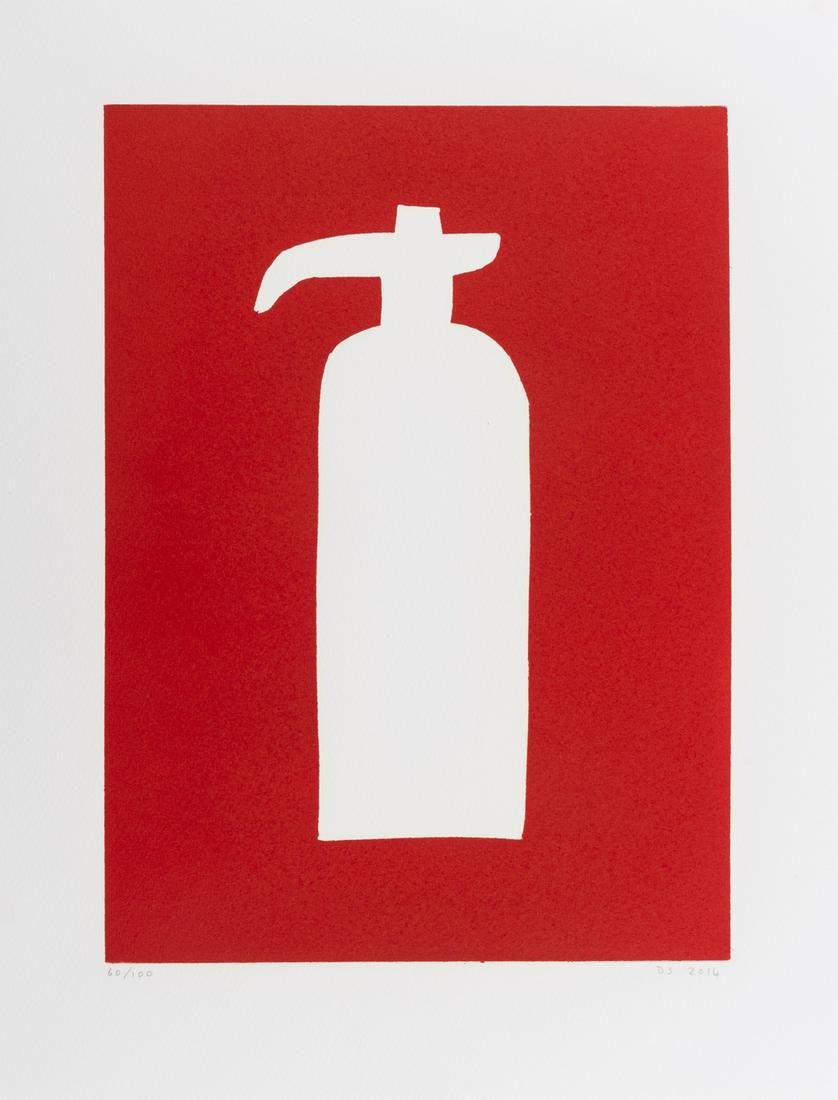 δ David Shrigley (b.1968) Fire Extinguisher: δ David Shrigley (b.1968)Fire ExtinguisherLinocut printed in red, 2014, initialled, dated and numbered from the edition of 100 in pencil, on wove paper, with full margins, sheet 387 x 288mm (15 1
