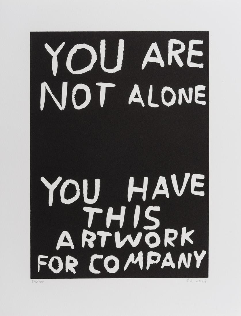 δ David Shrigley (b.1968) You Are Not Alone: δ David Shrigley (b.1968)You are not aloneLinocut, 2014, initialled, dated and numbered from the edition of 100 in pencil, on wove paper, with full margins, sheet 387 x 288mm (15 1/4 x 11 1/4in)
