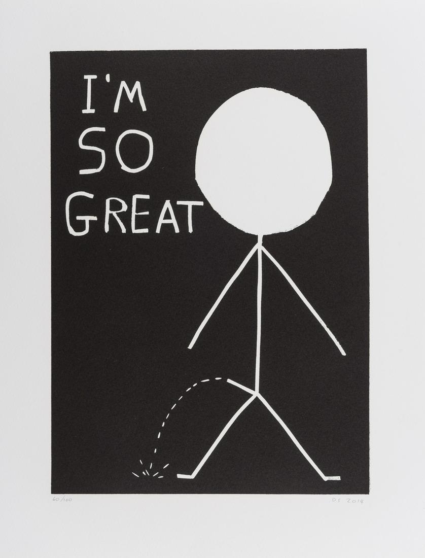 δ David Shrigley (b.1968) I'm So Great: δ David Shrigley (b.1968)I'm so greatLinocut, 2014, initialled, dated and numbered from the edition of 100 in pencil, on wove paper, with full margins, sheet 387 x 288mm (15 1/4 x 11 1/4in) (unfr