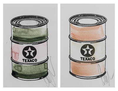 δ Beejoir (b.1979) Texaco Oil Can; Texaco Oil Can: δ Beejoir (b.1979)Texaco Oil Can; Texaco Oil CanTwo screenprints with watercolour, 2010, each signed in pencil, on wove paper, each 180 x 120mm (7 1/8 x 4 3/4in) (2) (unframed)δ This lot is