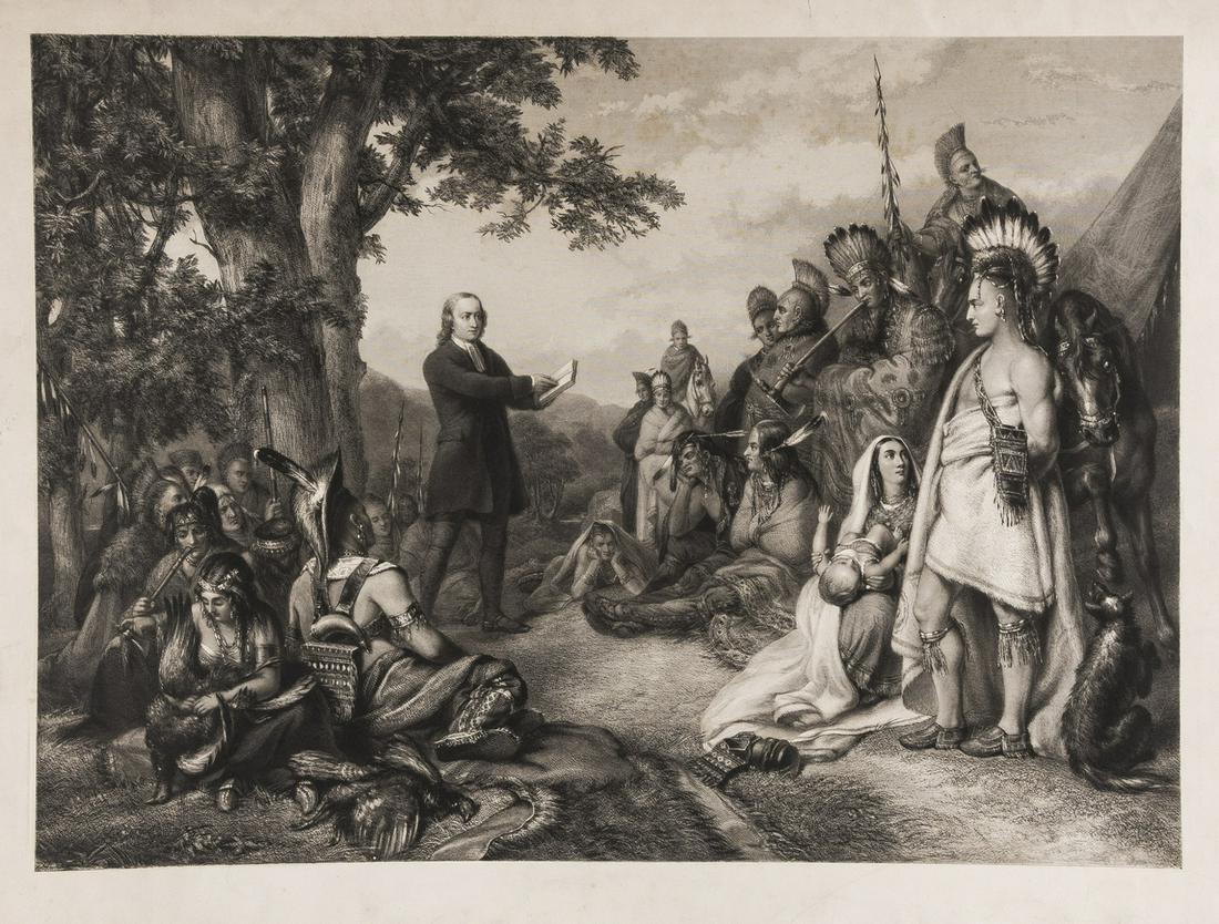 North America.- John Wesley preaching to Native: North America.- John Wesley preaching to Native American Indians, mixed-method engraving, a proof before letters, good margins on 3 sides, trimmed to platemark at top, partially split along bottom pla
