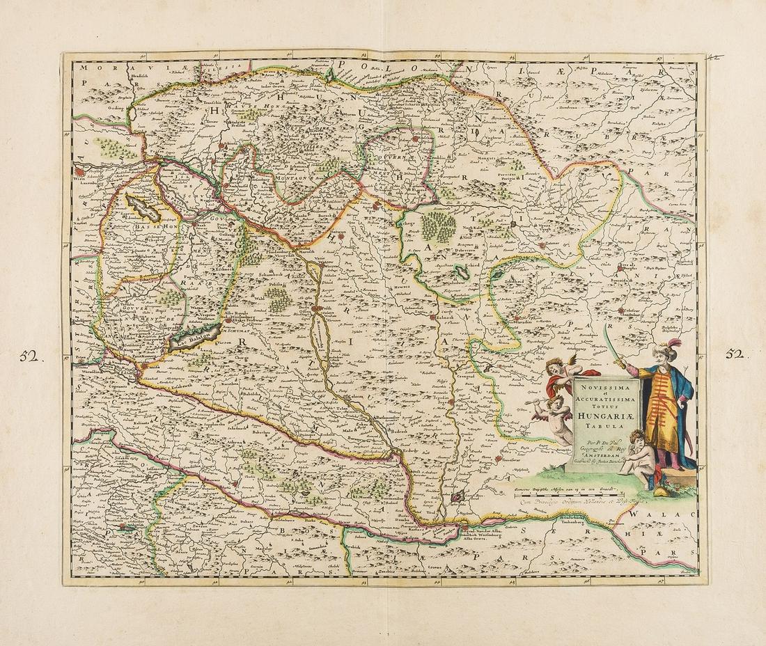 Central Europe.- Justus (Danckerts) Novissima et: NO RESERVE Central Europe.- Justus (Danckerts) Novissima et Accuratissima Hungariae cum Circumjacentibus Regnis et Principatibus..., map of Hungary, based upon an early map by Pierre Du Val, engraving