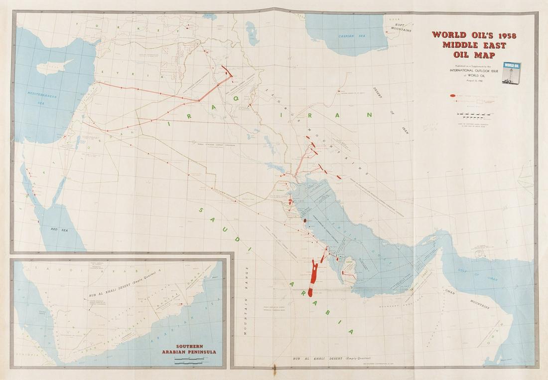 Middle East.- Arabian Peninsula.- World Oil (publisher): Middle East.- Arabian Peninsula.- World Oil (publisher) World Oil's 1958 Middle East Oil Map, colour printed map, sheet 720 x 980 mm (28 1/4 x 38 1/2 in), old folds, some marginal repairs to extremiti