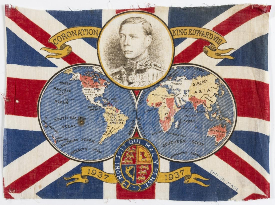 World.- British Empire.- Anonymous. Coronation King: NO RESERVE World.- British Empire.- Anonymous. Coronation King Edward VIII souvenir flag map, with a portrait of the King and a double-hemisphere world map with the British Empire coloured red, and th