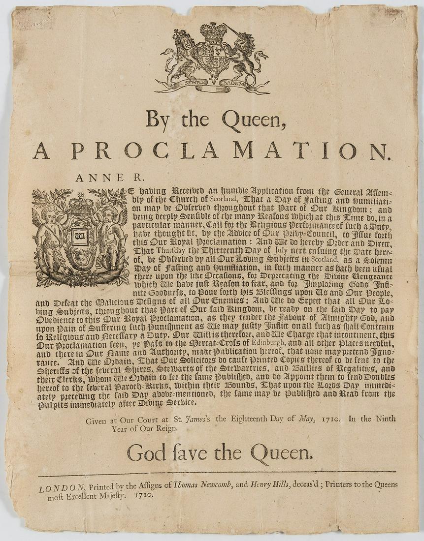 Broadside.- Scottish fasting.- Anne R. We having: Broadside.- Scottish fasting.- By the Queen, a proclamation. Anne R. We having received an humble application from the General Assembly of the Church of Scotland, that a day of fasting and humiliation