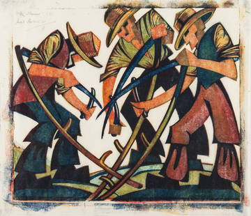 &#948; Sybil Andrews (1898-1993)  Mowers (Coppel SA.39): &#948; Sybil Andrews (1898-1993)Mowers (Coppel SA.39)Linocut printed in colours, 1937, signed, titled and inscribed '4 EP' in pencil, one of 6 experimental proofs aside from the edition of 50, on buff