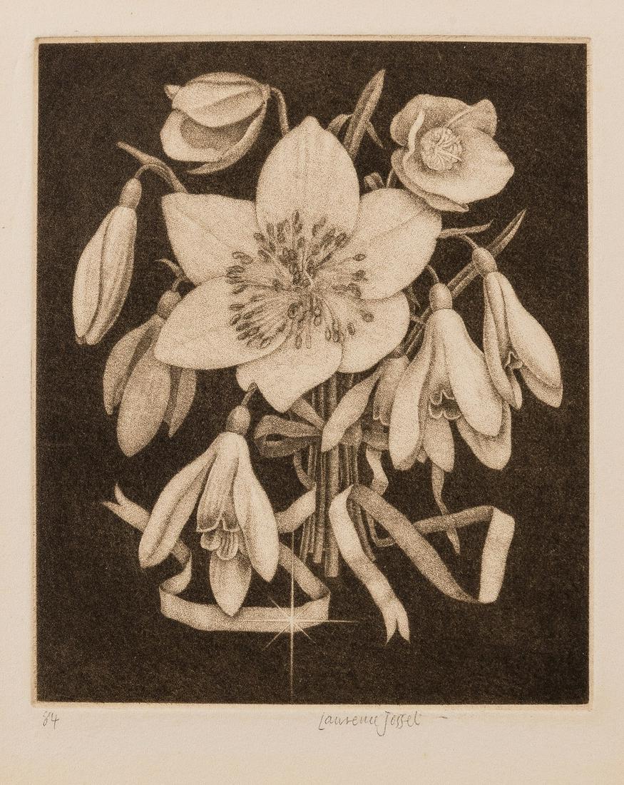 δ Josset (Lawrence) Collection of 24 Christmas: δ Josset (Lawrence) Collection of 24 Christmas cards and prints, mainly botanical and wooded landscapes, etchings and mezzotints, a few with hand-colouring, several with inscriptions inside by th