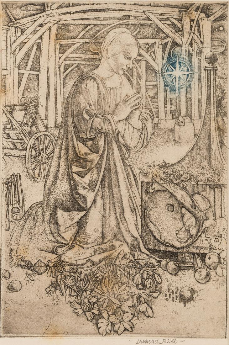 δ Josset (Lawrence) Collection of 20 Christmas: δ Josset (Lawrence) Collection of 20 Christmas cards and prints, mainly religious subjects, etchings and mezzotints, a few printed in colours, 3 with inscriptions inside by the artist, nearly all