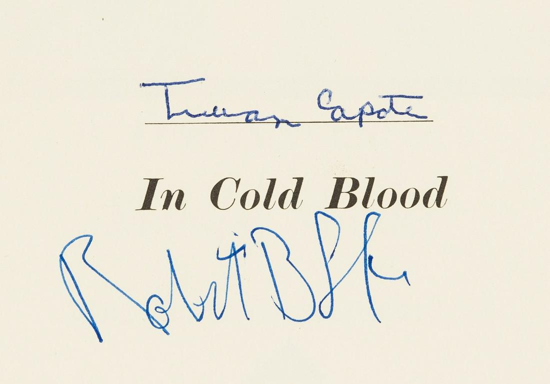 Capote (Truman) In Cold Blood, first edition, signed by: Capote (Truman) In Cold Blood, first edition, signed by the author and Robert Blake to half-title, photograph of Blake loosely inserted, original cloth, dust-jacket, price-clipped, spine ends and corn