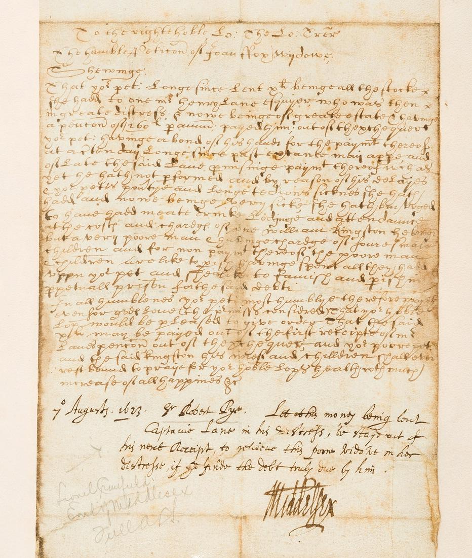 Jacobean Petition.- Middlesex (Lionel Cranfield, first: Jacobean Petition.- Middlesex (Lionel Cranfield, first Earl of, merchant, financier, and government minister, 1575-1645) & Sir Robert Pye, exchequer official and politician, bap. 1585, d. 1662.- Petit