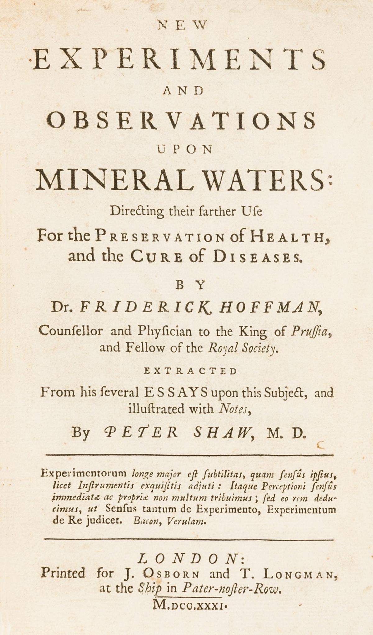 Health.- Hoffman (Friderick) New Experiments and (1 of 1)