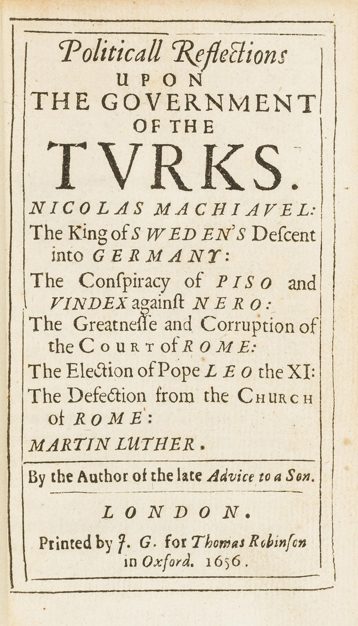 Ottoman government & Islam.- Osborne (Francis): Ottoman government & Islam.- Osborne (Francis) Politicall Reflections upon the Government of the Turks, ?first edition, a couple of small spots/stains but generally very clean and crisp, modern calf, 