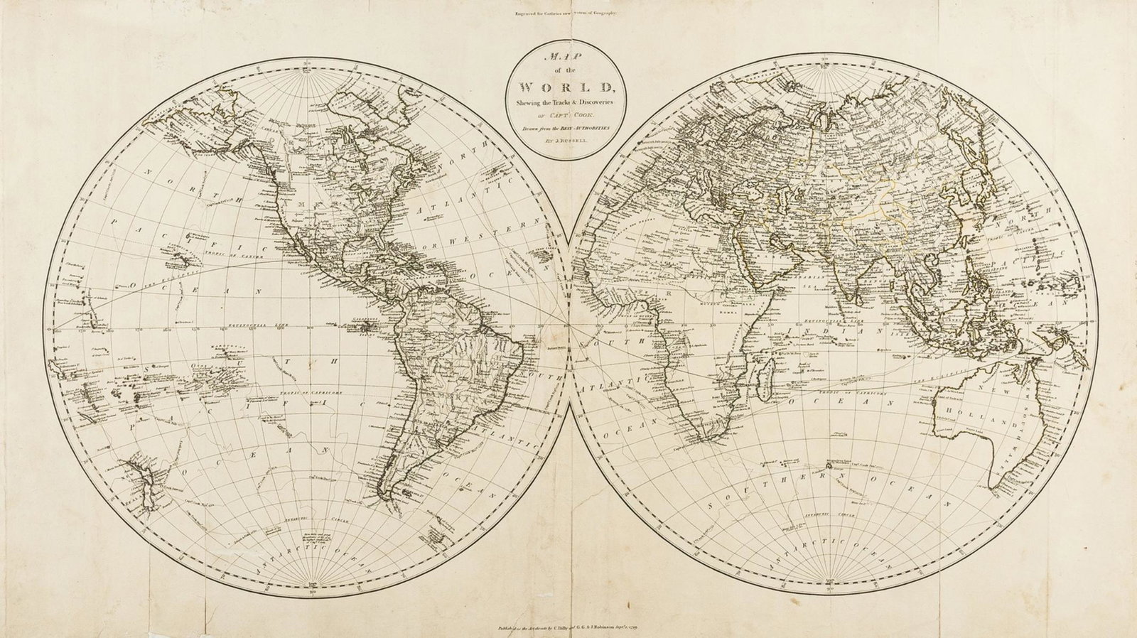 World.- Russell (John) Map of the World, Shewing the: World.- Russell (John) Map of the World, Shewing the Tracks & Discoveries of Capt. Cook, double-hemisphere world map, engraving with outline hand-colouring on wove paper, sheet 420 x 740 mm (16 1/2 x