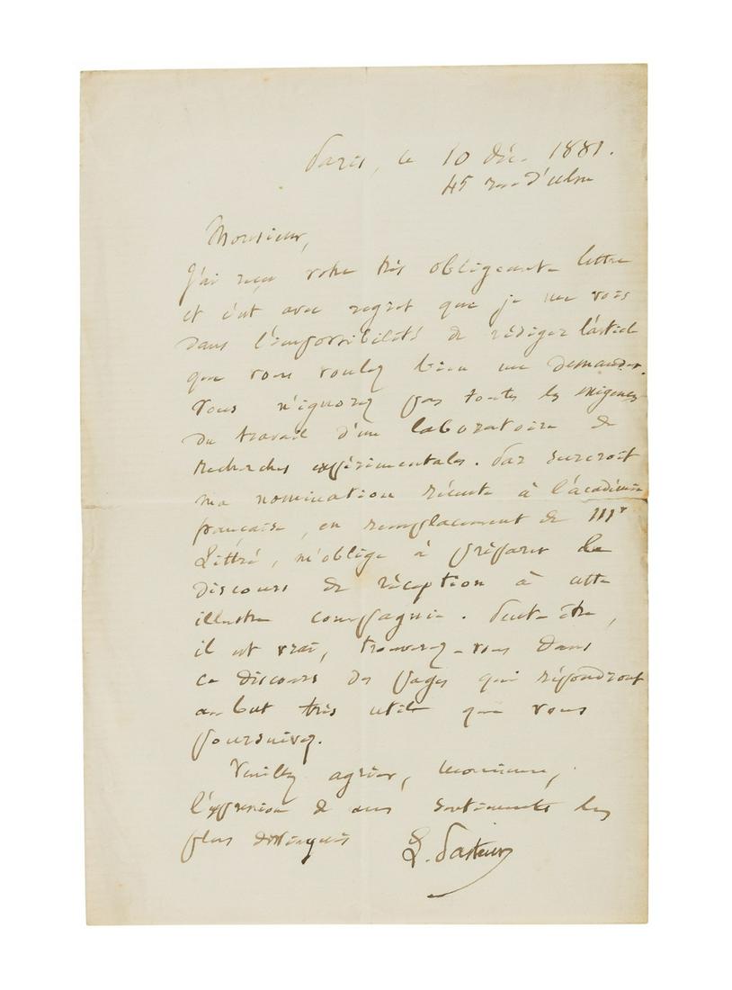 Pasteur (Louis) Autograph Letter signed [to Walter (1 of 1)