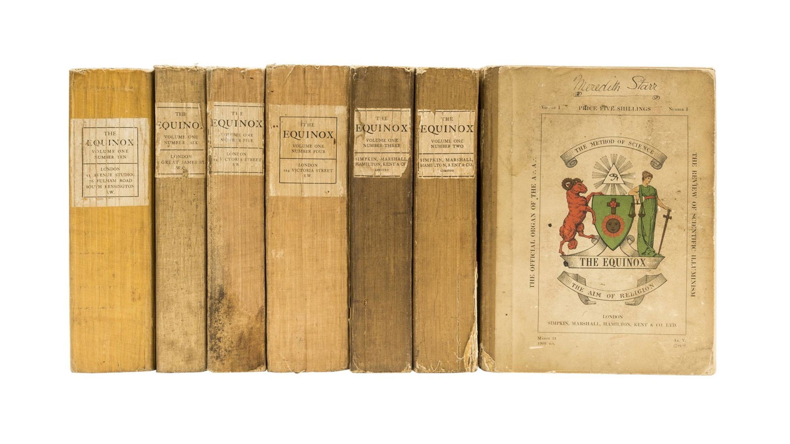 Occultism.- Crowley (Aleister) and others. The Equinox,: Occultism.- Crowley (Aleister) and others. The Equinox, the Official Organ of the A.A., vol. 1 nos. 1-6 & 10, plates and illustrations, spotting and foxing, vol. 1 with ink ownership inscription of Me
