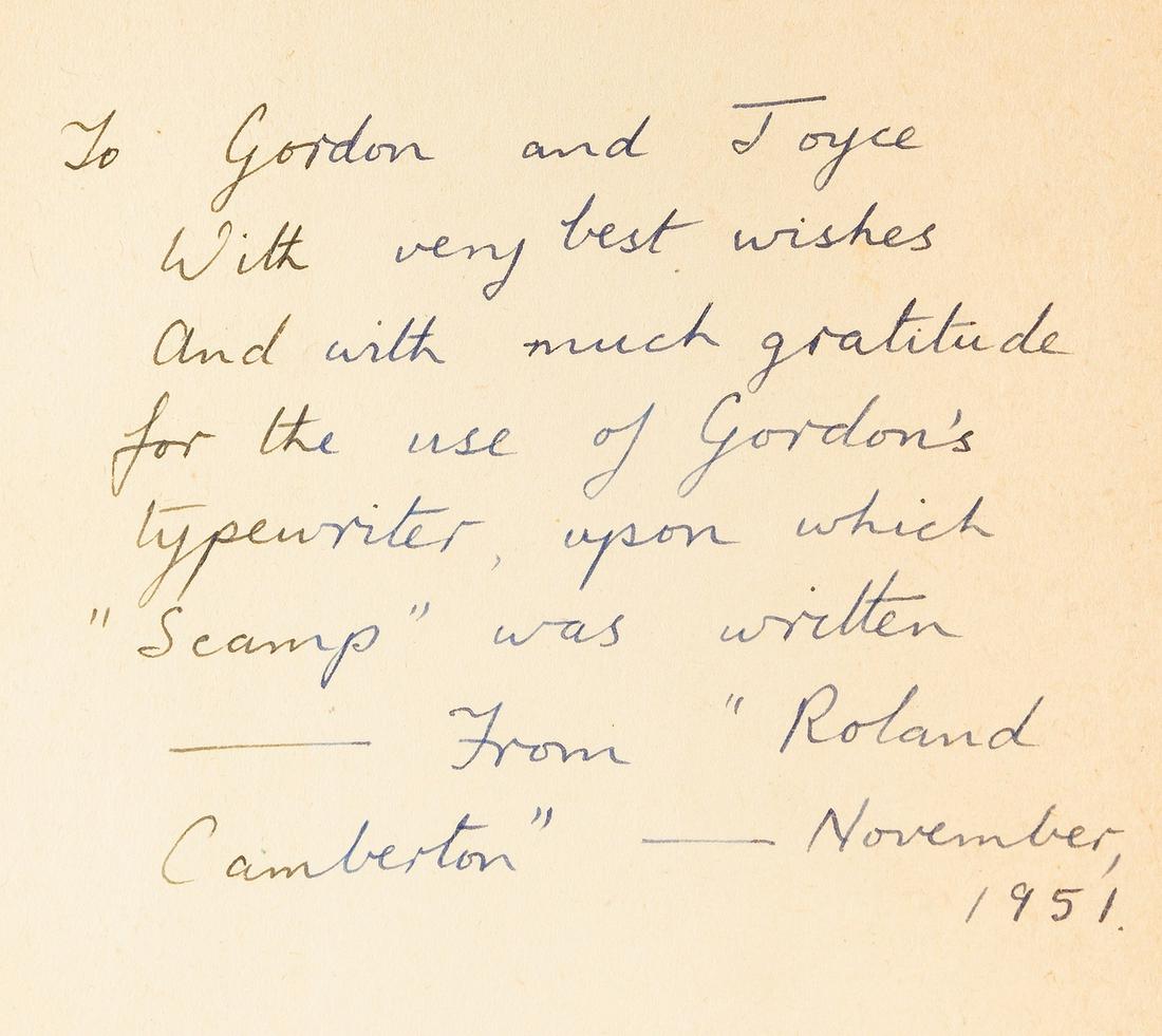 Camberton (Roland) Rain on the Pavements, first: Camberton (Roland) Rain on the Pavements, first edition, signed presentation inscription from the author "To Gordon and Joyce. With very best wishes and with much gratitude for the use of Gordon's typ