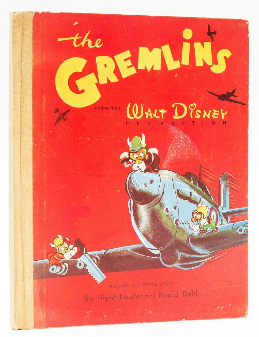 Dahl (Roald) The Gremlins, first English edition, 1944.: Dahl (Roald) The Gremlins, first English edition, colour and plain illustrations, light scattered foxing, original cloth-backed pictorial boards, corners a little bumped, rubbed, a very good copy, 4to