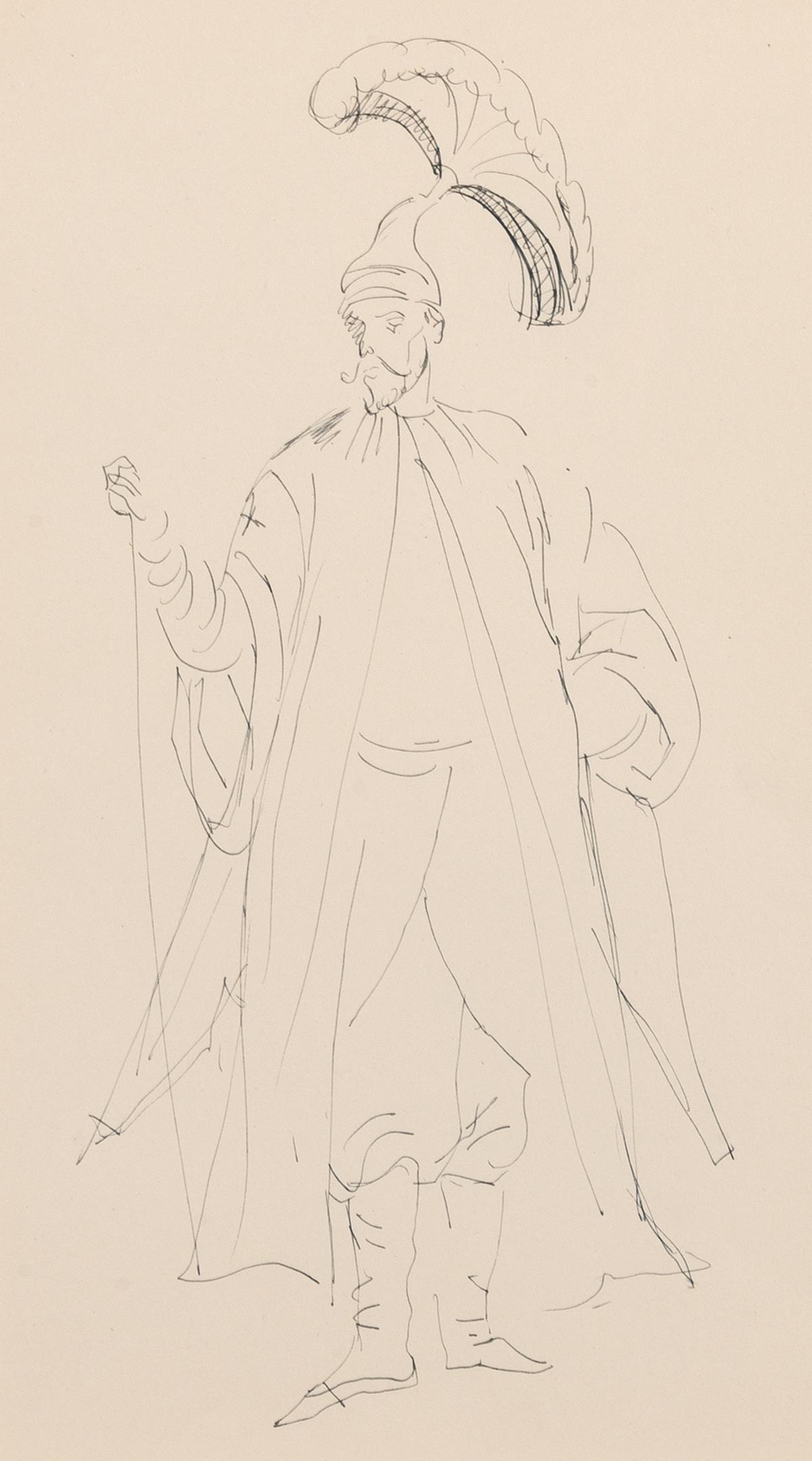 δ Cecil Beaton (1904-1980) A Costume Design: δ Cecil Beaton (1904-1980)A Costume DesignPen and ink, circa 1955, on wove notebook paper, sheet 379 x 252mm (14 7/8 x 9 7/8in)δ This lot is sold subject to Artists Resale Rights, details of