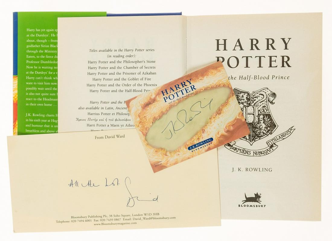 Rowling (J.K.) Harry Potter and the Half-Blood Prince,: Rowling (J.K.) Harry Potter and the Half-Blood Prince, first edition, official bookplate signed by the author loosely inserted, signed compliments slip from David Ward, Bloomsbury Publishing loosely i