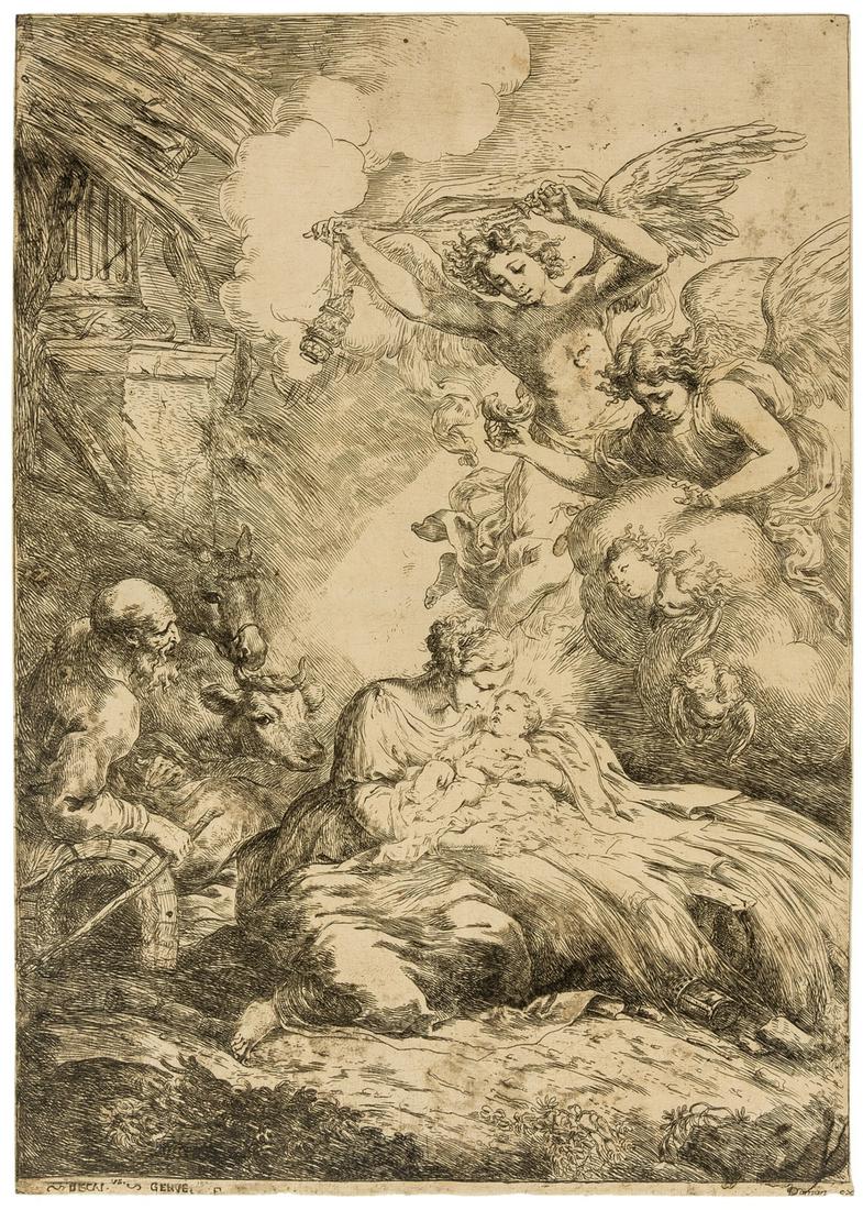 Bartolomeo Biscaino (1629-1657) The Nativity: Bartolomeo Biscaino (1629-1657) The NativityEtching, circa 1650, an excellent impression on fine laid paper with watermark of the letters 'PA' with three leaf flower [probably mid-17th century], publi