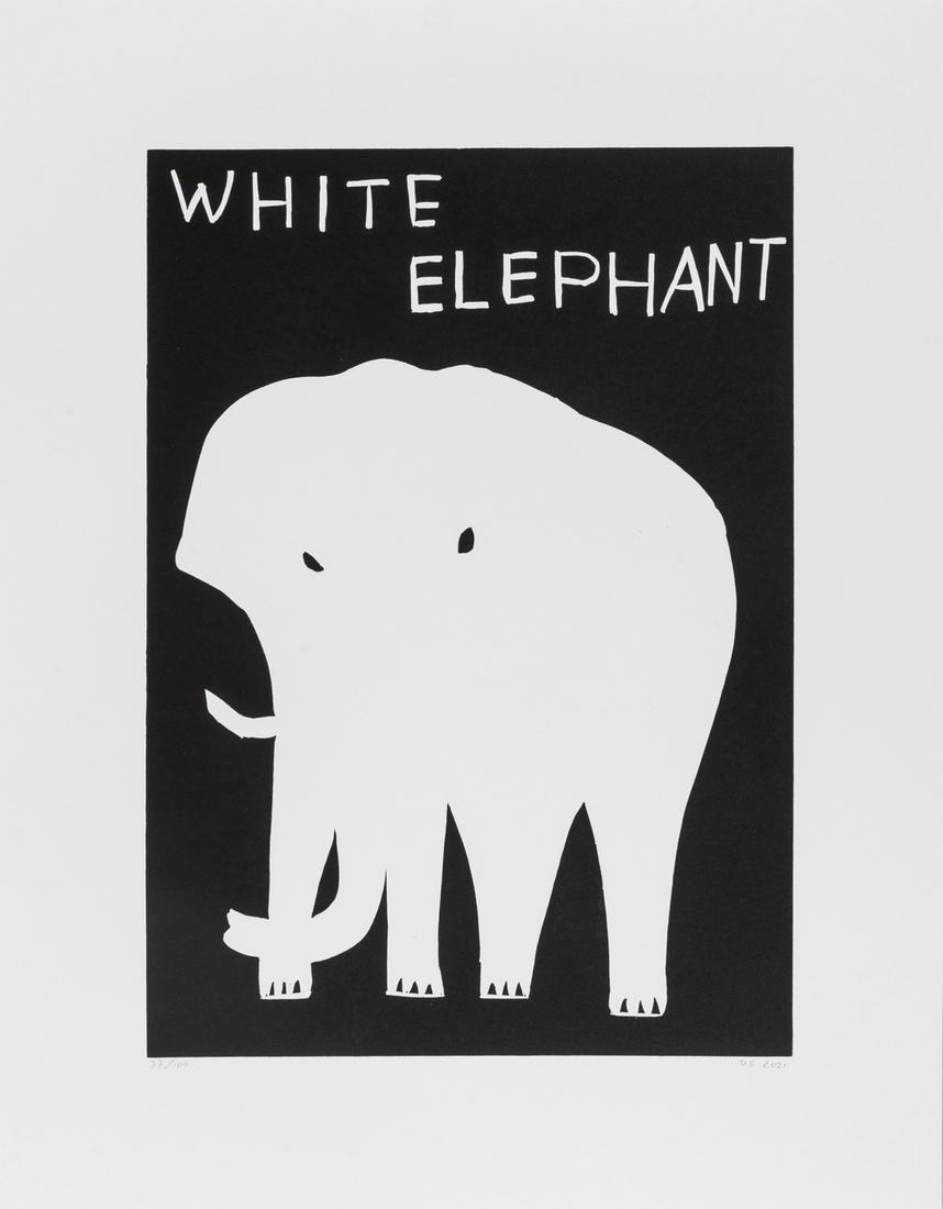 δ David Shrigley (b. 1968) White Elephant: δ David Shrigley (b. 1968)White ElephantLinocut, 2021, initialled and dated in pencil, numbered from the edition of 100, published by Schäfer Grafik Limited Editions, Copenhagen, on Somerset