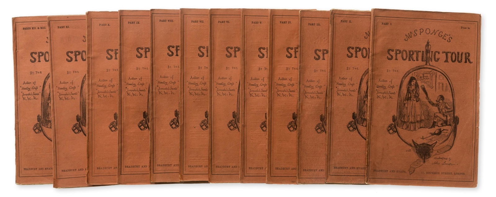 [Surtees (Robert Smith)] Mr. Sponge's Sporting Tour, first edition, in the original 12/13 parts,: [Surtees (Robert Smith)] Mr. Sponge's Sporting Tour, first edition, in the original 12/13 parts, 13 hand-coloured etched plates by John Leech, wood-engraved illustrations, part 2 with slip for Bleak H