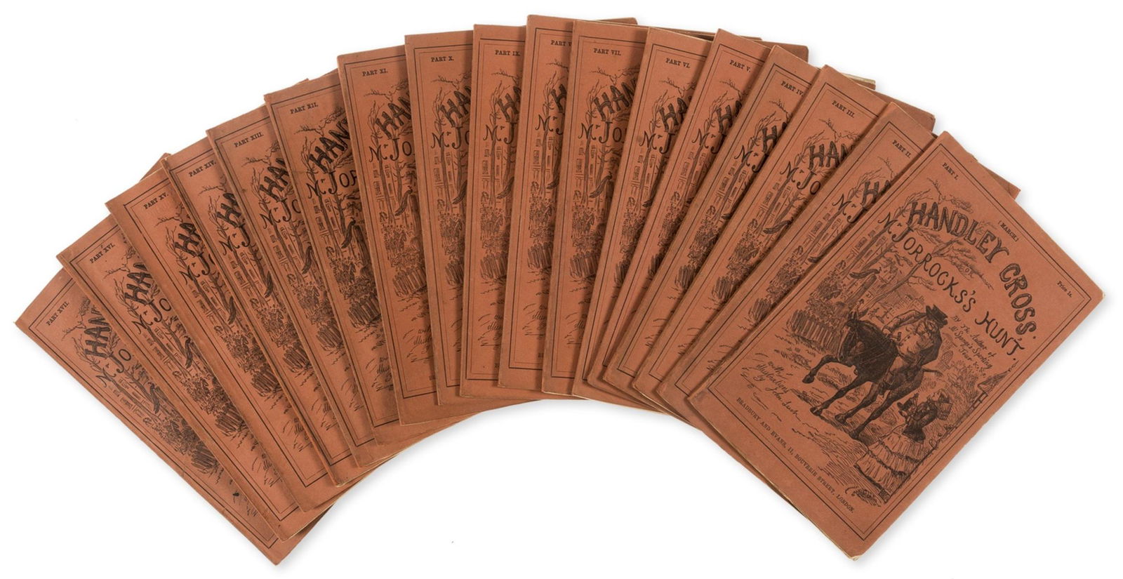 Surtees (Robert Smith) Handley Cross, or Jorrocks's Hunt, first illustrated edition in the original: Surtees (Robert Smith) Handley Cross, or Jorrocks's Hunt, first illustrated edition in the original 17 parts, 17 hand-coloured etched plates by John Leech, wood-engraved illustrations, part 7 with adv