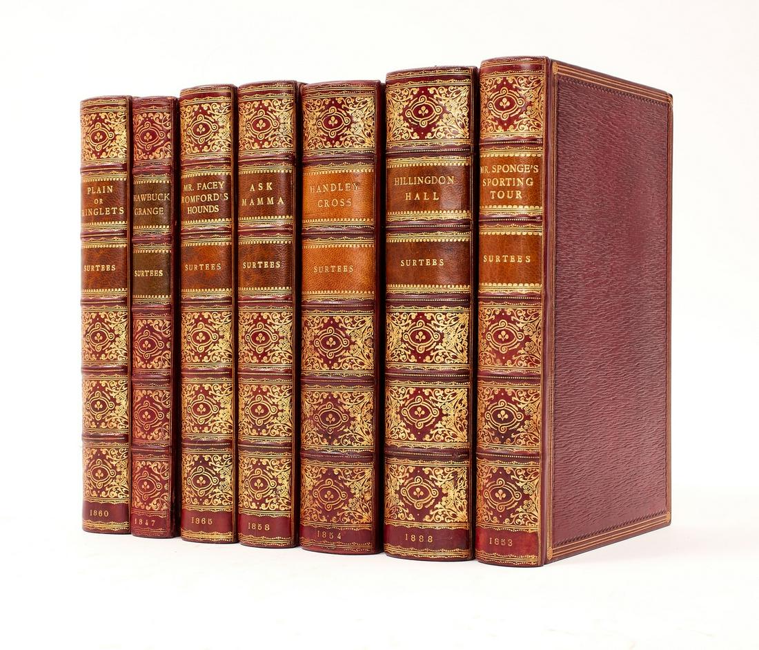 Surtees (Robert Smith) Mr Sponge's Sporting Tour, first edition, 1853; and 6 others by Surtees (7): Surtees (Robert Smith) Mr Sponge's Sporting Tour, first edition in book form, first state with dedication to Lord Elcho, half-title, hand-coloured engraved frontispiece and 12 plates by John Leech, nu