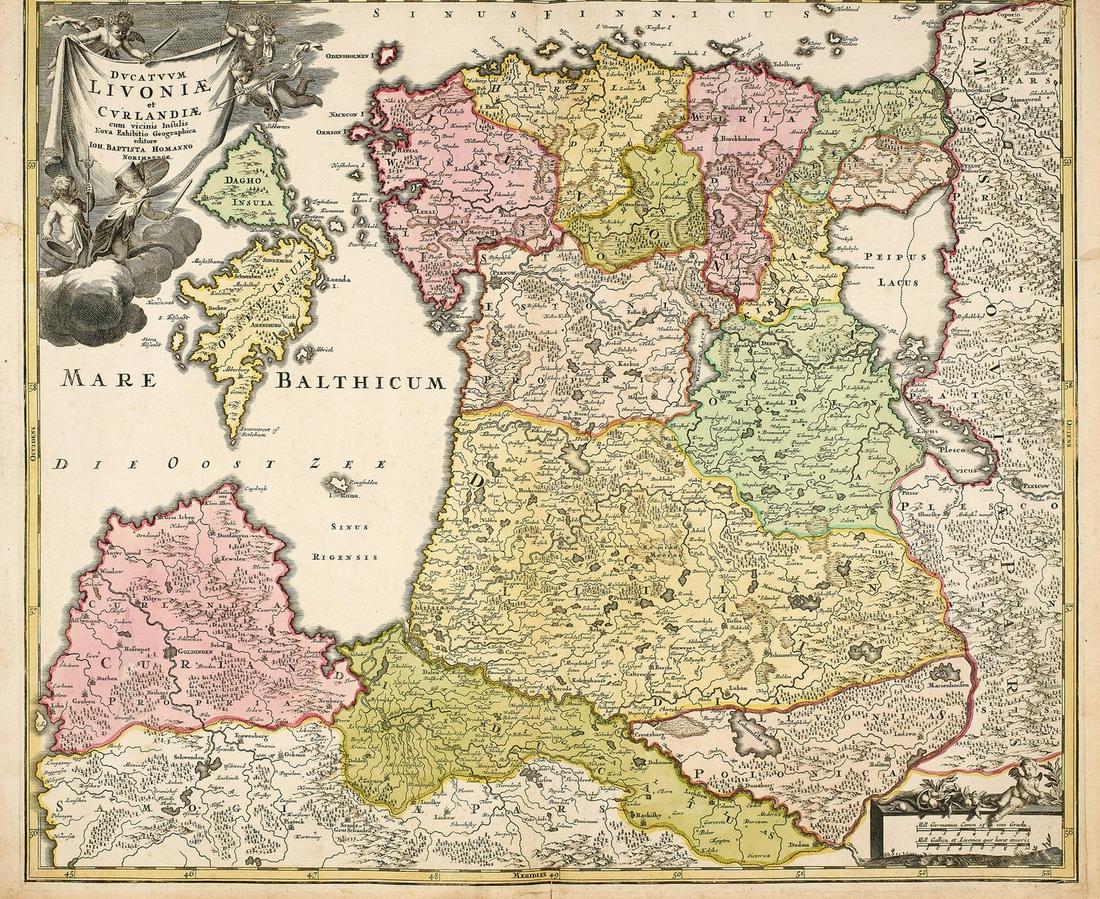 Baltics.- Homann (Johann Baptist) Ducatuum Livoniae et Curlandiae cum Vicinis Insulis, [c.: Baltics.- Homann (Johann Baptist) Ducatuum Livoniae et Curlandiae cum Vicinis Insulis, map of Estonia and Latvia including the islands of Saaremaa and Hiiumaa, and part of Russia, engraved map with or