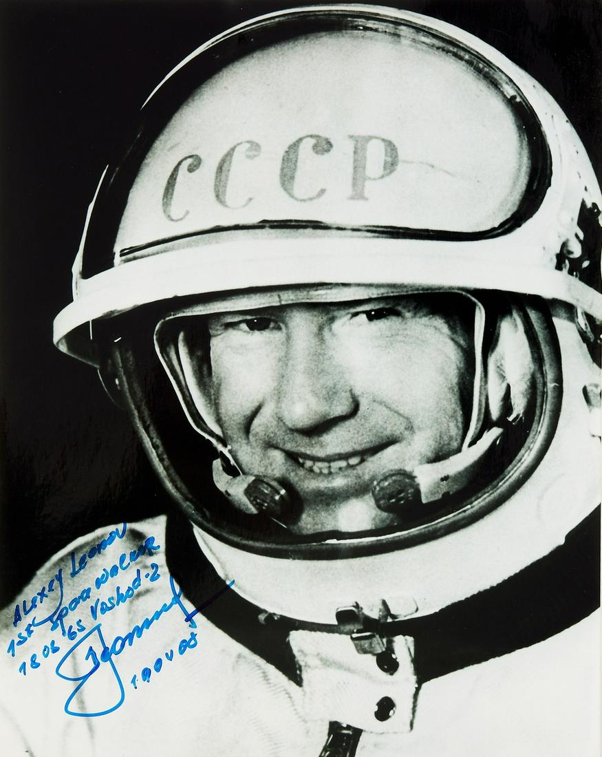 Space.- Cosmonauts.- Alexei Leonov, the first man to conduct a space walk, signed photographic: NO RESERVE Space.- Cosmonauts.- Alexei Leonov, the first man to conduct a space walk, ?gelatin silver print, ink signature dated 2008, abrasion marks to verso where previously pasted down, [late 20th