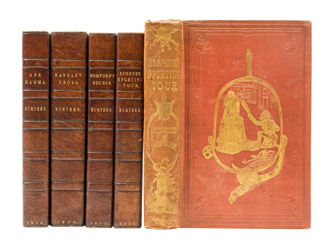 Surtees (Robert Smith) Mr Sponge's Sporting Tour, first edition in book form, 1853; and 4 others by: NO RESERVE Surtees (Robert Smith) Mr Sponge's Sporting Tour, first edition in book form, first state with dedication to Lord Elcho, half-title, hand-coloured engraved frontispiece and 12 plates by Joh