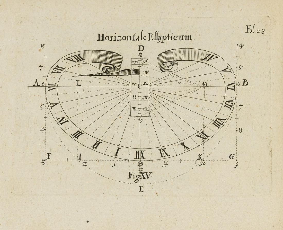 Sundials.- Saher (Ferdinand) Nova praxis construendi circinum proportionalem horographicum, only: Sundials.- [Saher (Ferdinand)] Nova praxis construendi circinum proportionalem horographicum..., only edition, woodcut head- & tail-pieces and initials,18 engraved plates containing 22 figures, light