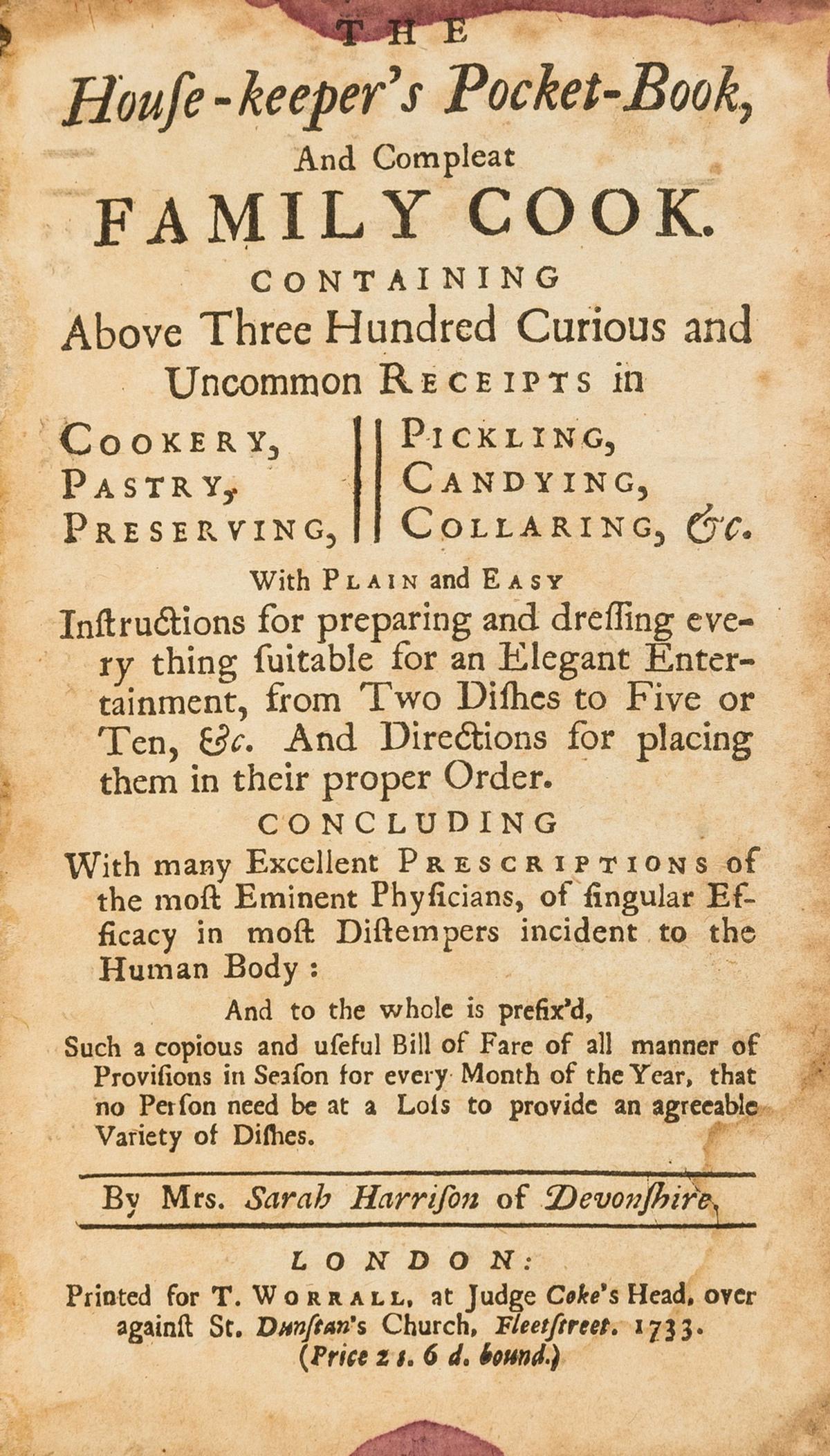 Harrison (Sarah) The house-keeper's pocket-book, and compleat family cook, rare first edition, (1 of 1)