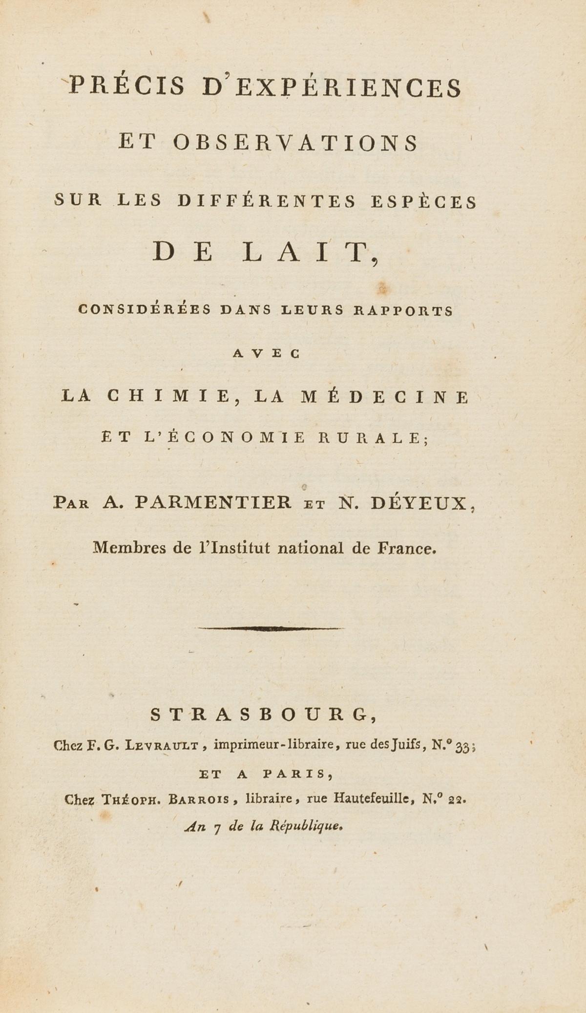 Dairy.- Parmentier (Antoine-Augustin) & Nicolas Déyeux. Précis d'expérience et (1 of 1)