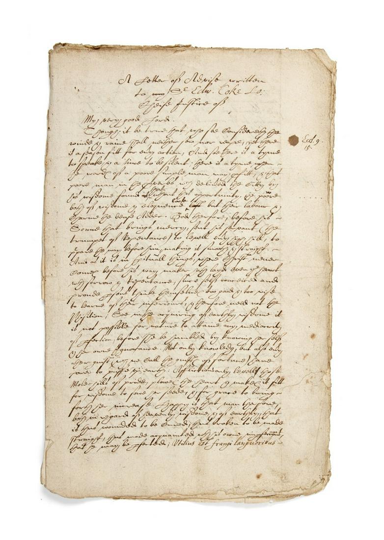 [Bacon (Francis, Viscount St Alban)] A Letter of Advise written to Sr Edw. Coke Lo: Chiefe (1 of 1)