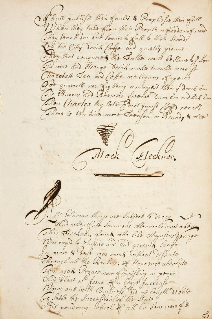 Poetry.- [Dryden (John)] Mock Flecknoe [Mac Flecknoe], [c. 1700] § To the Queen spoken by Mr (1 of 1)