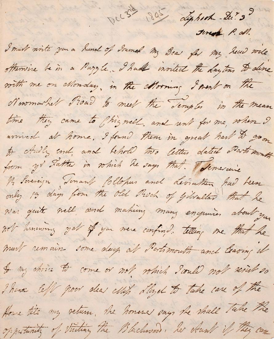 The Fighting Temeraire.- Harvey (Sir Eliab) 2 Autograph postscripts to two Autograph Letters from (1 of 2)
