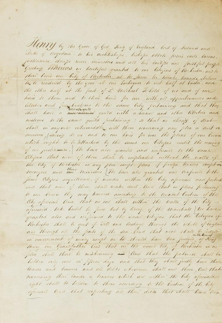 Kent.- Rochester Charters.- Devon (Charles, examiner of the translation) [Transcriptions of five: Kent.- Rochester Charters.- Devon (Charles, examiner of the translation) [Transcriptions of five Rochester Charters compiled for Sir Thomas Phillipps], manuscript, 60pp. excluding blanks, some with do