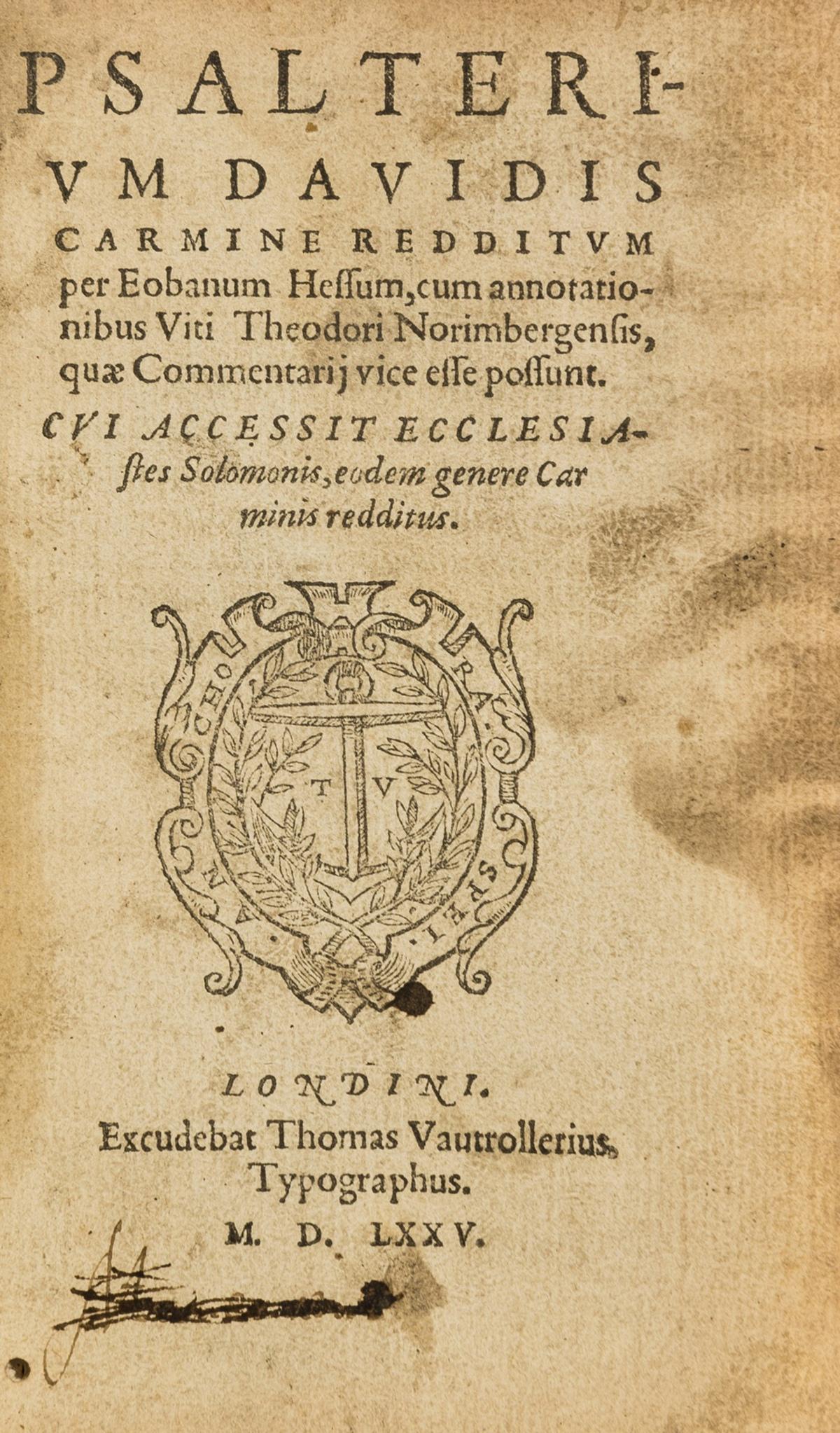Bible, Latin. Psalterium Davidis carmine redditum per Eobanum Hessum, Thomas Vautrollier , 1575. (1 of 1)