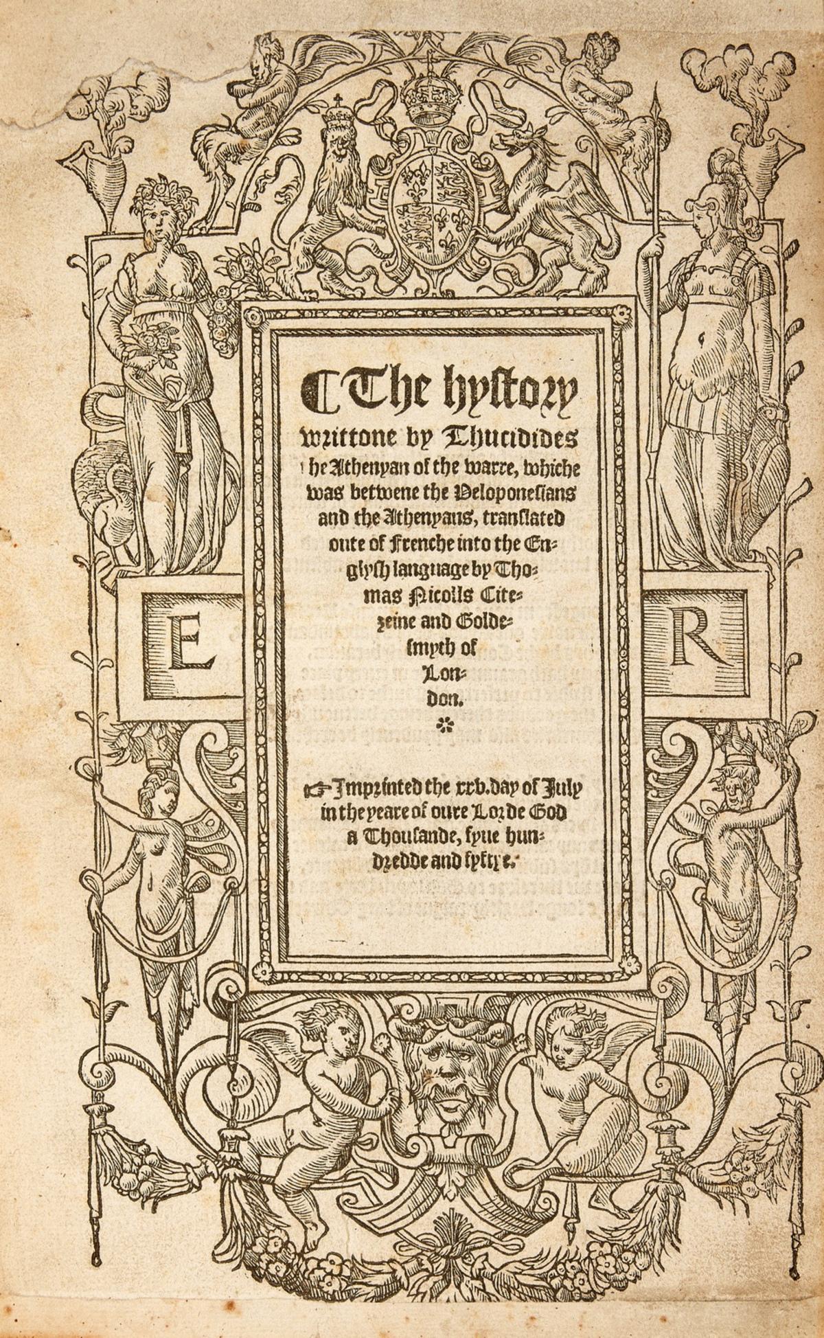 Thucydides. The Hystory...of the warre, whiche was betwene the Peloponesians and the Athenyans, (1 of 1)