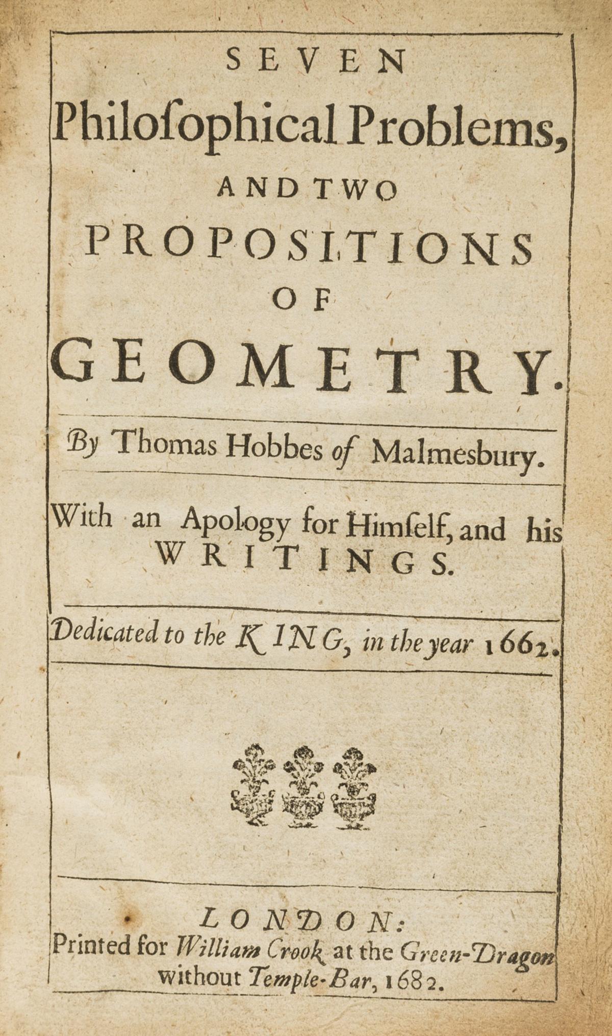 Hobbes (Thomas) Seven Philosophical Problems, and Two Propositions of Geometry, 1682. (1 of 1)