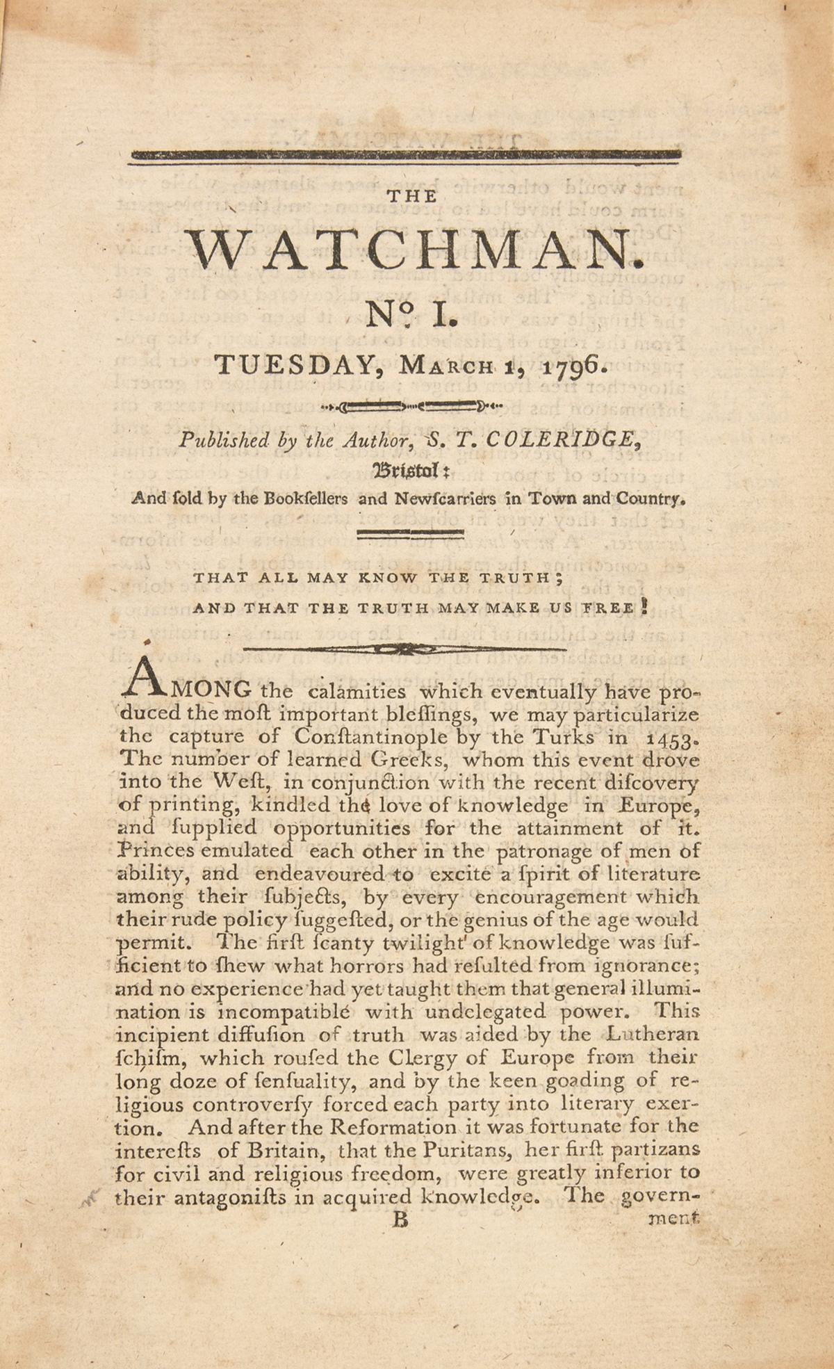 Coleridge (Samuel Taylor) The Watchman..., 10 nos., (all published), first no. second issue, later (1 of 1)