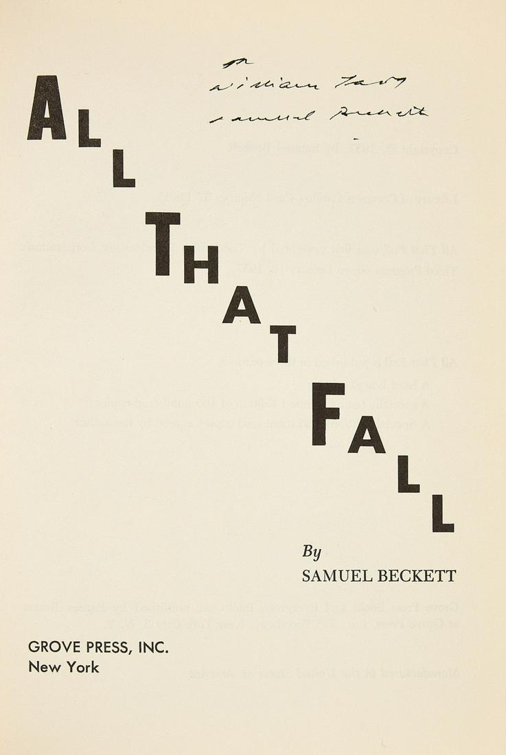 Beckett (Samuel) All That Fall, first edition, number 57 of 100 copies, signed presentation (1 of 1)