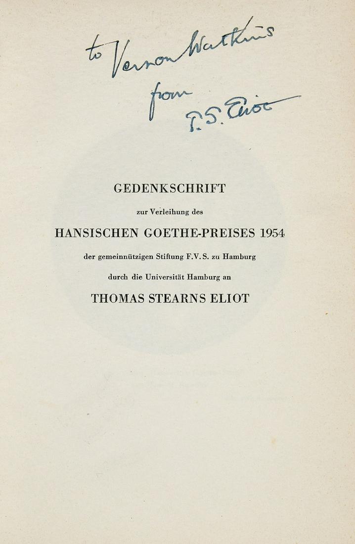 Eliot (T.S.) Goethe as the Sage, first edition, signed presentation inscription from the author to (1 of 1)