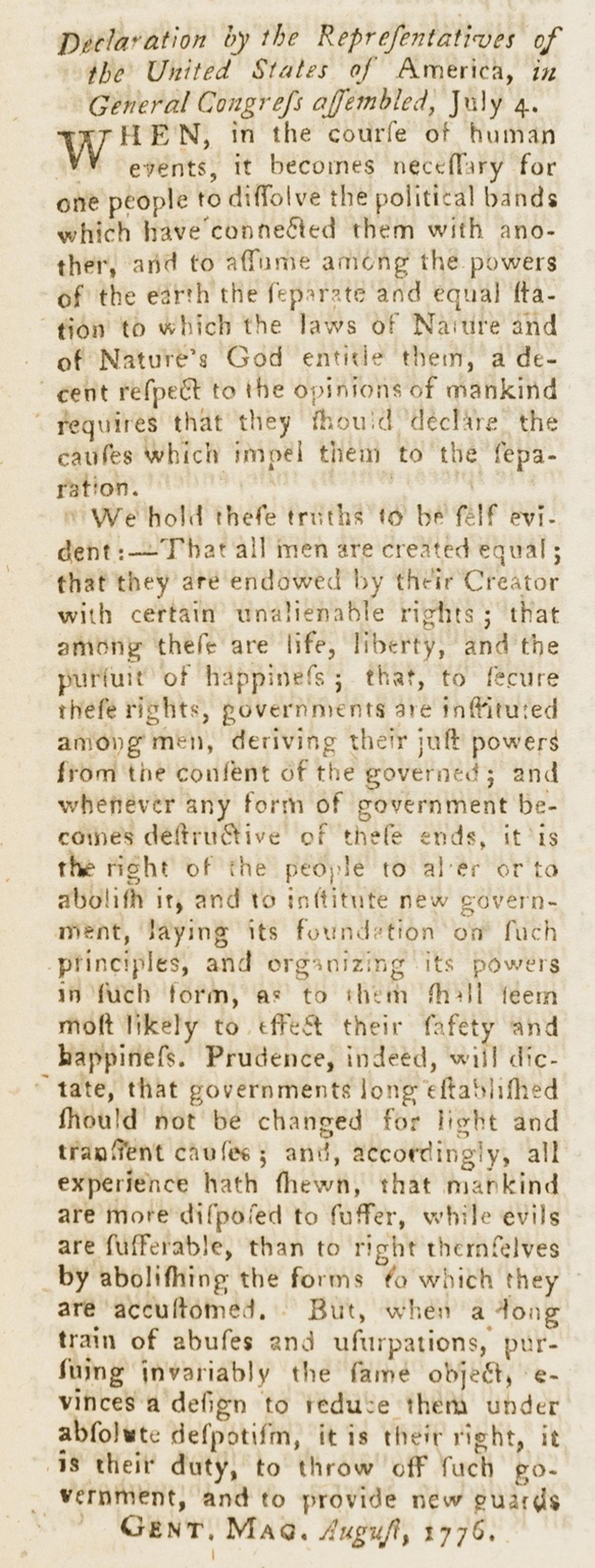 First English printing of The Declaration of American Independence.- Gentleman's Magazine and (1 of 3)