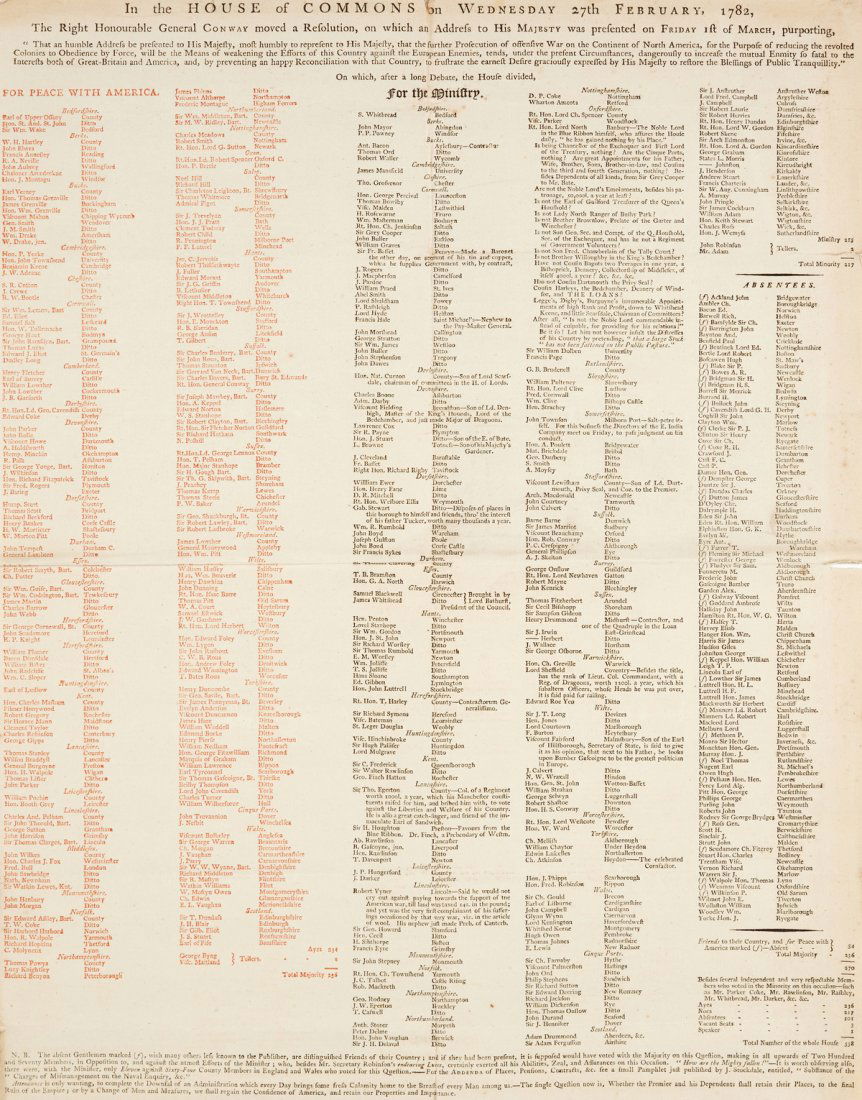 Peace with America.- In the House of Commons on Wednesday 27th February, 1782, The Right Honourable (1 of 1)